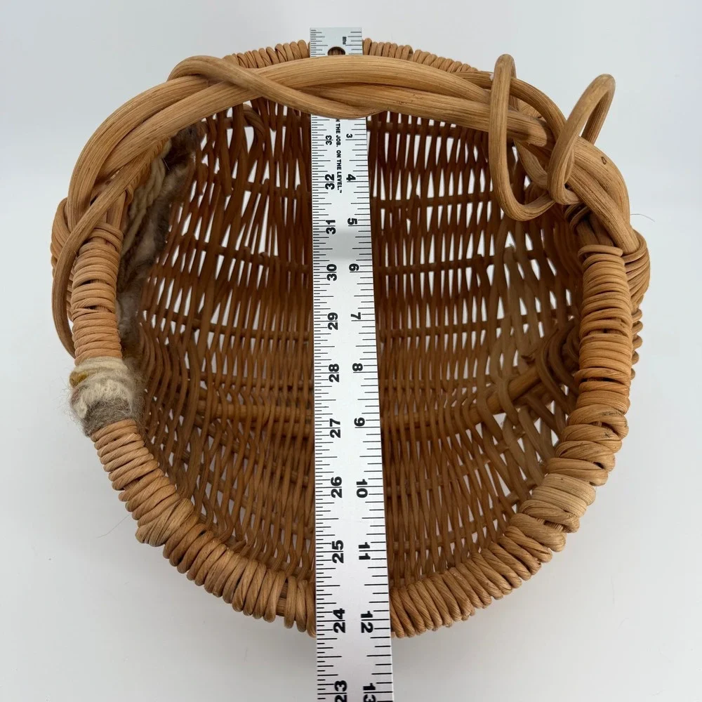 Vintage Woven Rattan Wicker Basket Twisted Handle Beaded Tassel Cottage Boho